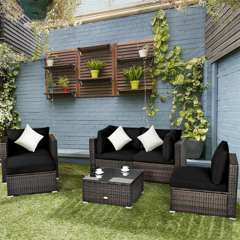 6PCS Rattan Patio Sectional Furniture Set with Glass Side Table, Ottoman & Cushions, Wicker Outdoor Sofa Seating Group for Garden Yard