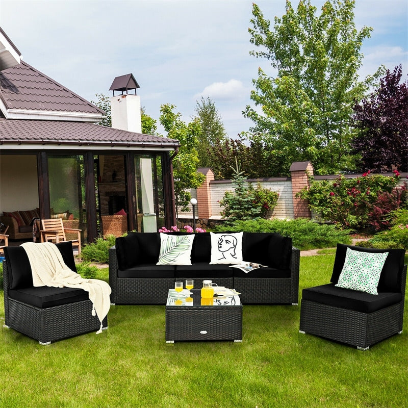 6 Pcs Patio Rattan Conversation Set Wicker Outdoor Sectional Seating Group with Cushions & Coffee Table