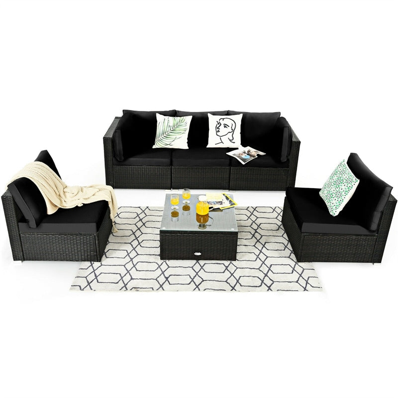 6 Pcs Patio Rattan Conversation Set Wicker Outdoor Sectional Seating Group with Cushions & Coffee Table