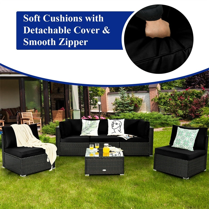 6 Pcs Patio Rattan Conversation Set Wicker Outdoor Sectional Seating Group with Cushions & Coffee Table