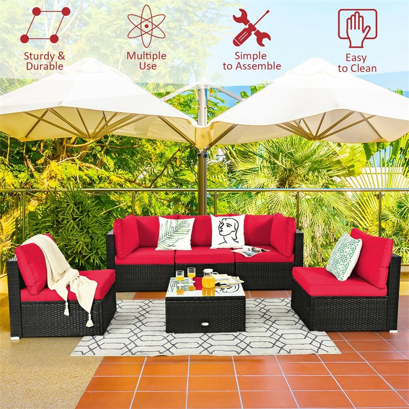 6 Pcs Patio Rattan Conversation Set Wicker Outdoor Sectional Seating Group with Cushions & Coffee Table