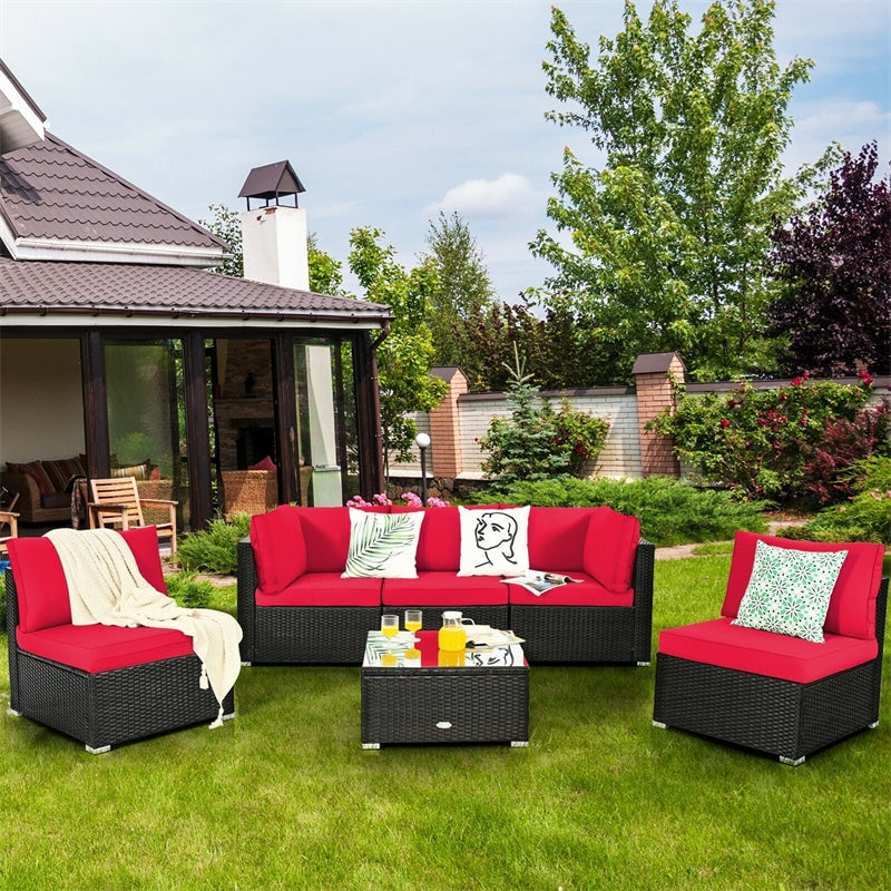 6 Pcs Patio Rattan Conversation Set Wicker Outdoor Sectional Seating Group with Cushions & Coffee Table