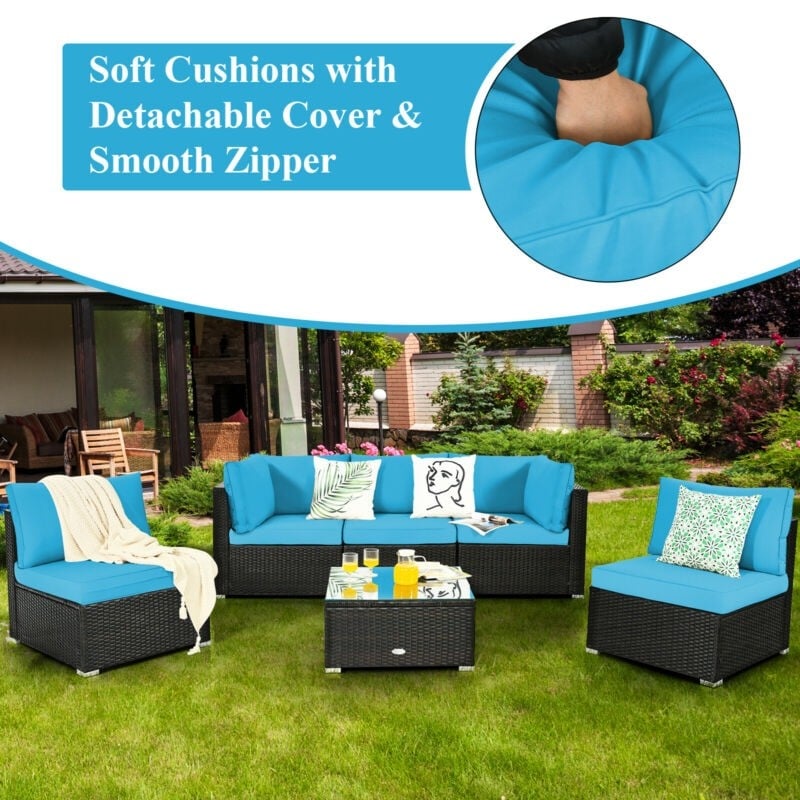 6 Pcs Patio Rattan Conversation Set Wicker Outdoor Sectional Seating Group with Cushions & Coffee Table