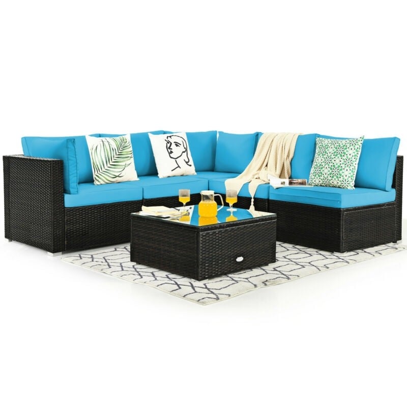 6 Pcs Patio Rattan Conversation Set Wicker Outdoor Sectional Seating Group with Cushions & Coffee Table