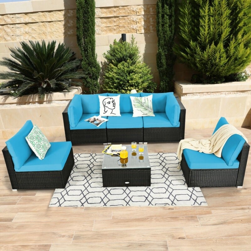 6 Pcs Patio Rattan Conversation Set Wicker Outdoor Sectional Seating Group with Cushions & Coffee Table