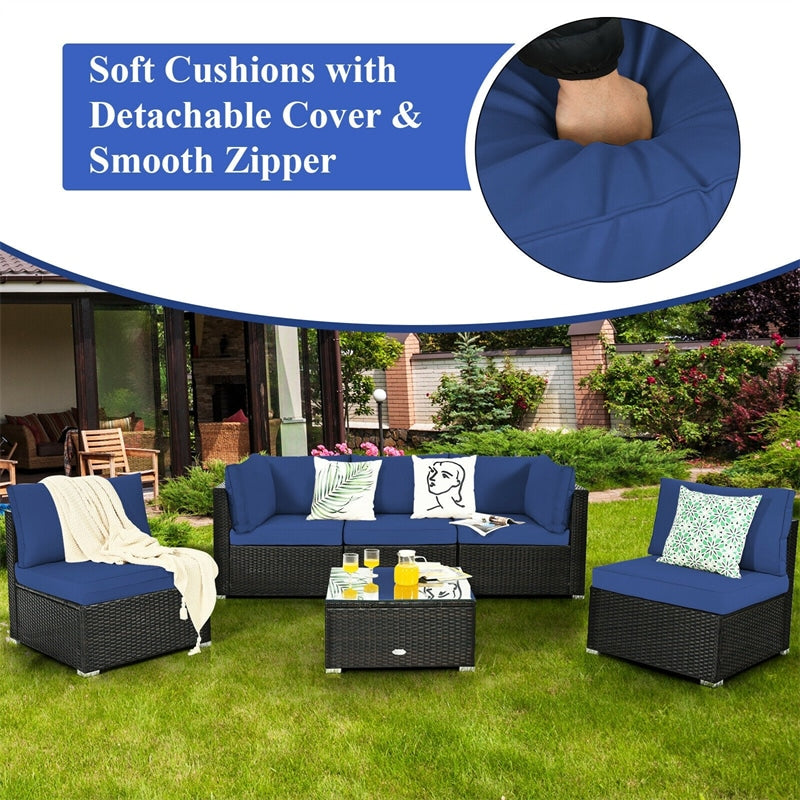 6 Pcs Patio Rattan Conversation Set Wicker Outdoor Sectional Seating Group with Cushions & Coffee Table