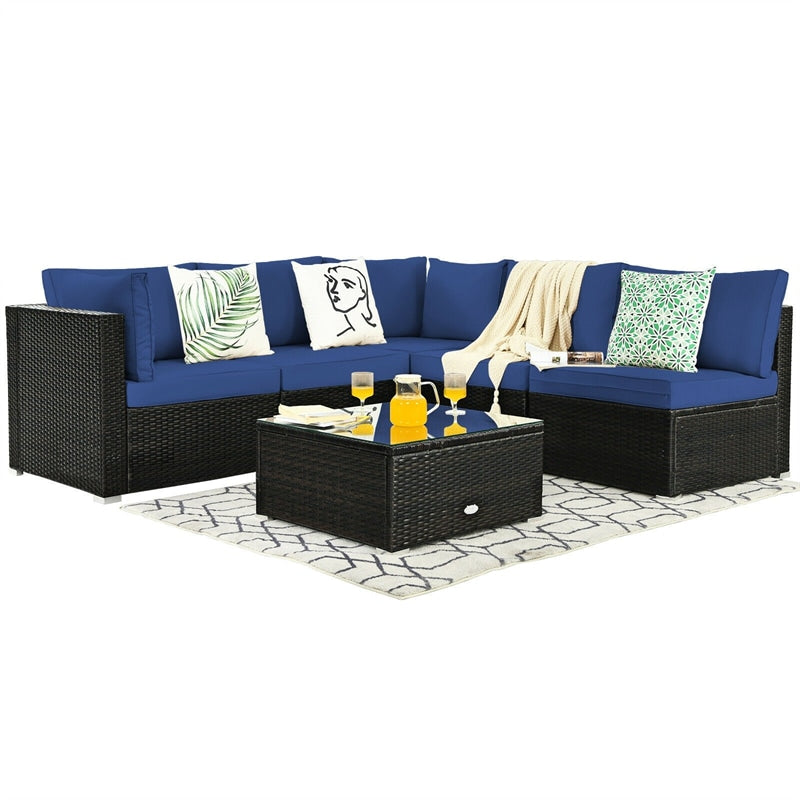 6 Pcs Patio Rattan Conversation Set Wicker Outdoor Sectional Seating Group with Cushions & Coffee Table