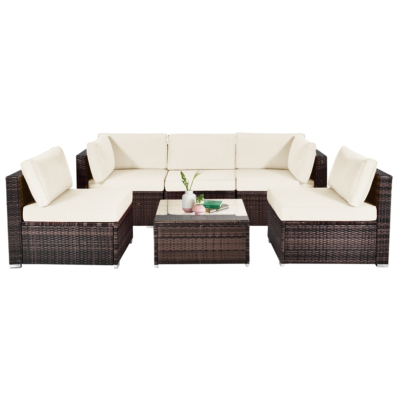 6 Pcs Patio Rattan Conversation Set Wicker Outdoor Sectional Seating Group with Cushions & Coffee Table