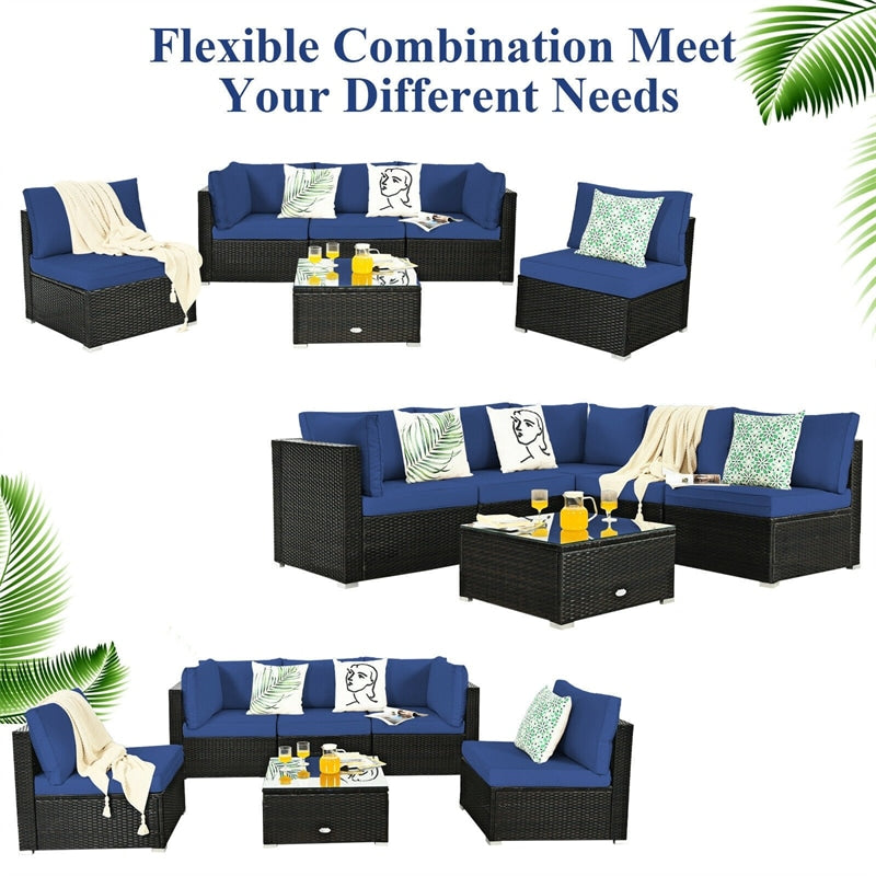 6 Pcs Patio Rattan Conversation Set Wicker Outdoor Sectional Seating Group with Cushions & Coffee Table