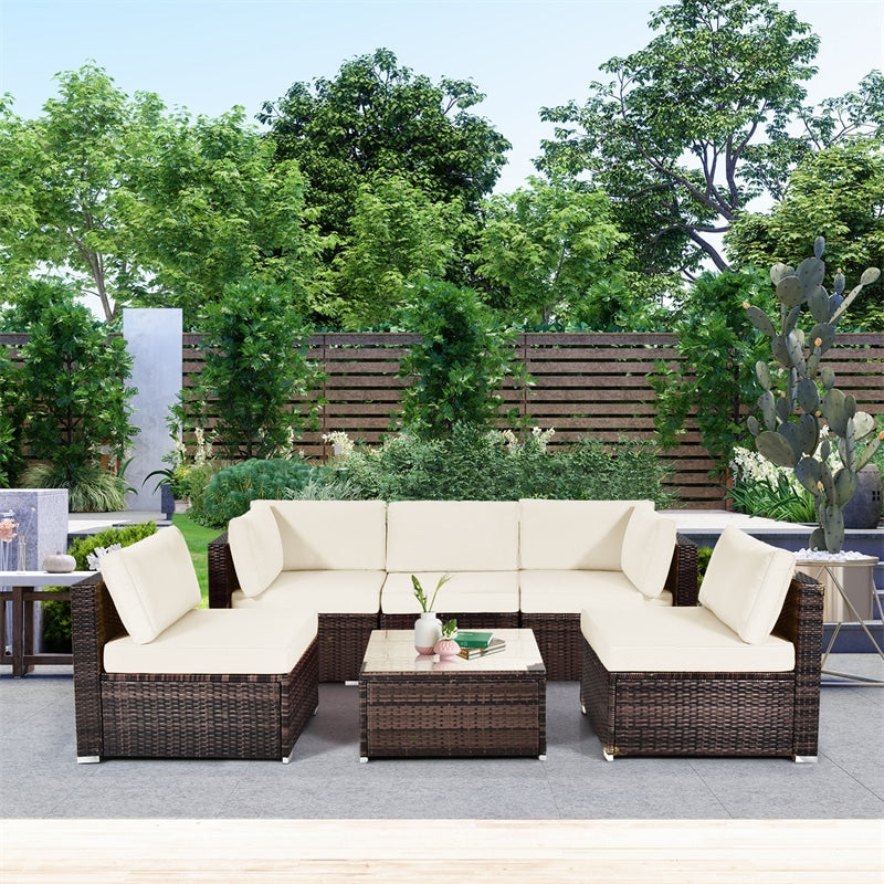 6 Pcs Patio Rattan Conversation Set Wicker Outdoor Sectional Seating Group with Cushions & Coffee Table