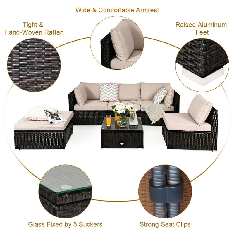 6PCS Patio Rattan Furniture Set Outdoor Wicker Sectional Sofa Conversation Set with Ottoman, Cushions, Coffee Table for Deck Lawn Backyard