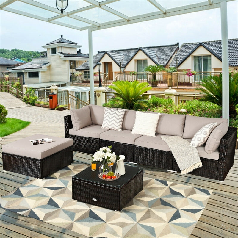 6PCS Patio Rattan Furniture Set Outdoor Wicker Sectional Sofa Conversation Set with Ottoman, Cushions, Coffee Table for Deck Lawn Backyard