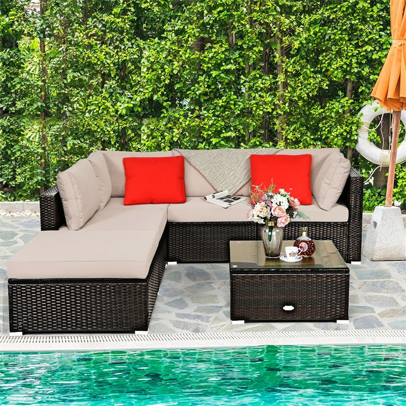 6PCS Patio Rattan Furniture Set Outdoor Wicker Sectional Sofa Conversation Set with Ottoman, Cushions, Coffee Table for Deck Lawn Backyard