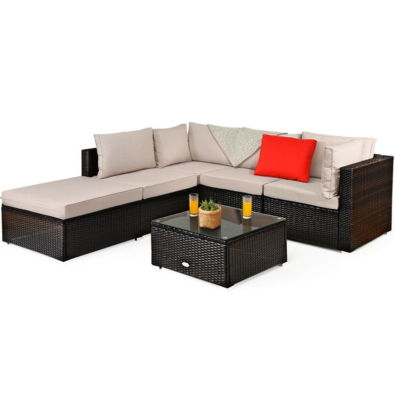 6PCS Patio Rattan Furniture Set Outdoor Wicker Sectional Sofa Conversation Set with Ottoman, Cushions, Coffee Table for Deck Lawn Backyard