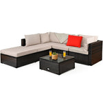 6PCS Patio Rattan Furniture Set Outdoor Wicker Sectional Sofa Conversation Set with Ottoman, Cushions, Coffee Table for Deck Lawn Backyard