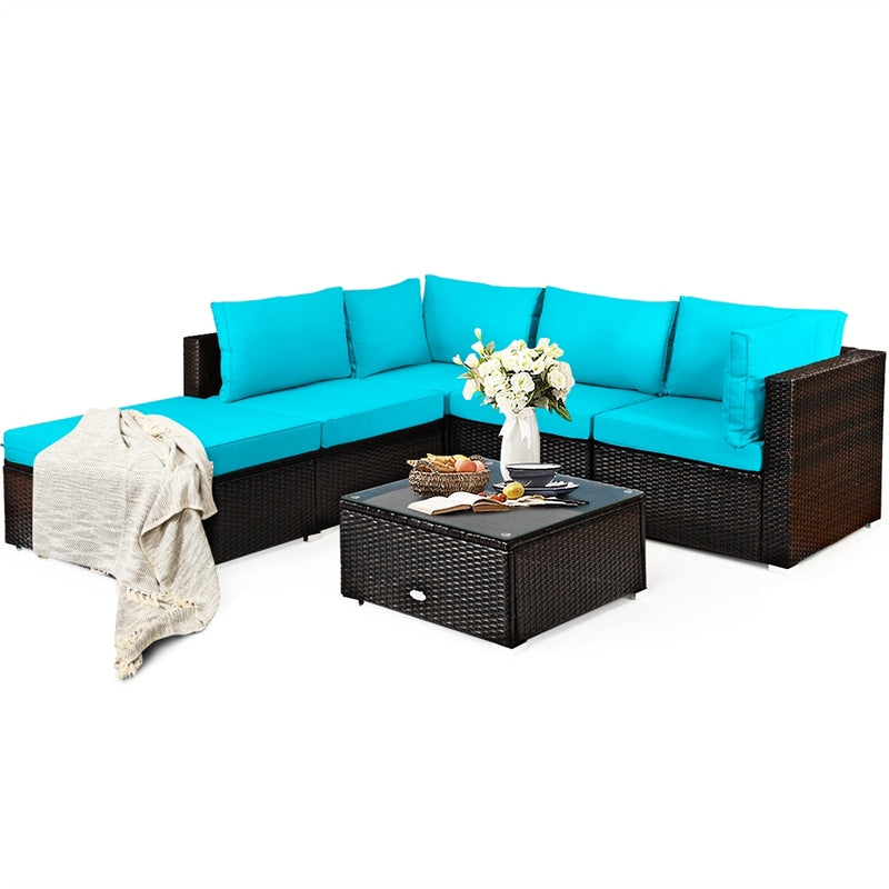 6PCS Patio Rattan Furniture Set Outdoor Wicker Sectional Sofa Conversation Set with Ottoman, Cushions, Coffee Table for Deck Lawn Backyard