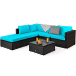 6PCS Patio Rattan Furniture Set Outdoor Wicker Sectional Sofa Conversation Set with Ottoman, Cushions, Coffee Table for Deck Lawn Backyard