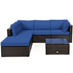 6PCS Patio Rattan Furniture Set Outdoor Wicker Sectional Sofa Conversation Set with Ottoman, Cushions, Coffee Table for Deck Lawn Backyard