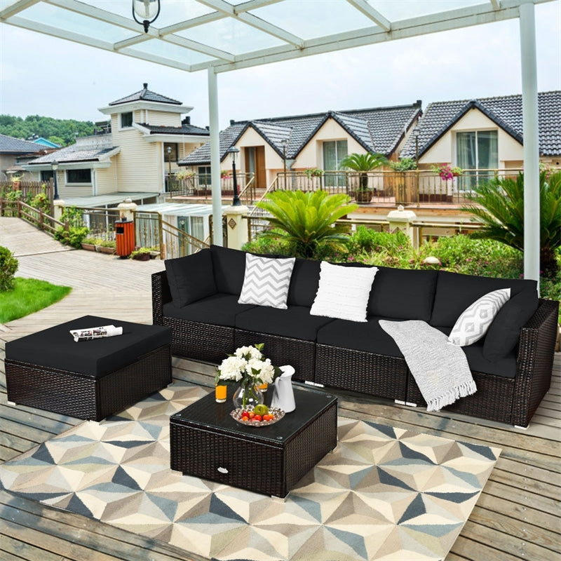 6PCS Patio Rattan Furniture Set Outdoor Wicker Sectional Sofa Conversation Set with Ottoman, Cushions, Coffee Table for Deck Lawn Backyard