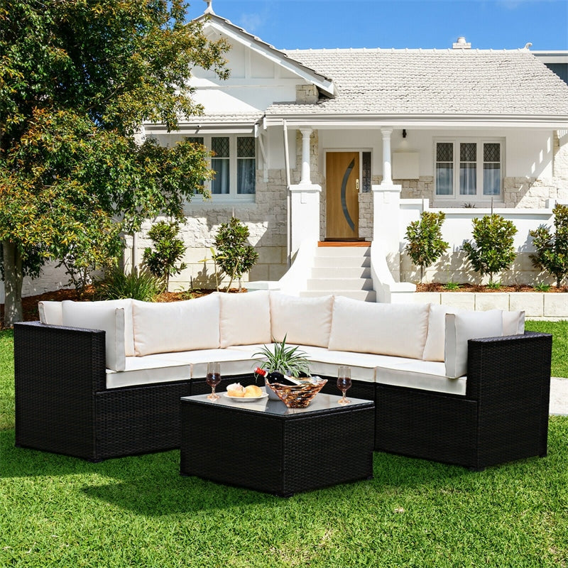 6 Piece Patio Rattan Furniture Set Sectional Sofa with Tempered Glass Coffee Table & Cushions, Outdoor Wicker Conversation Set for Backyard