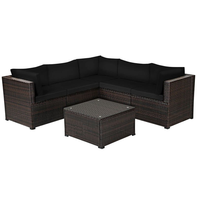 6 Piece Patio Rattan Furniture Set Sectional Sofa with Tempered Glass Coffee Table & Cushions, Outdoor Wicker Conversation Set for Backyard