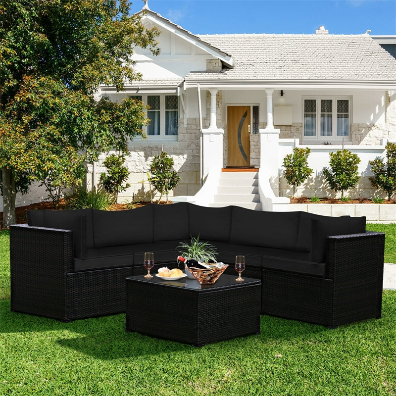 6 Piece Patio Rattan Furniture Set Sectional Sofa with Tempered Glass Coffee Table & Cushions, Outdoor Wicker Conversation Set for Backyard