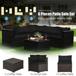 6 Piece Patio Rattan Furniture Set Sectional Sofa with Tempered Glass Coffee Table & Cushions, Outdoor Wicker Conversation Set for Backyard