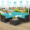 6 Piece Patio Rattan Furniture Set Sectional Sofa with Tempered Glass Coffee Table & Cushions, Outdoor Wicker Conversation Set for Backyard