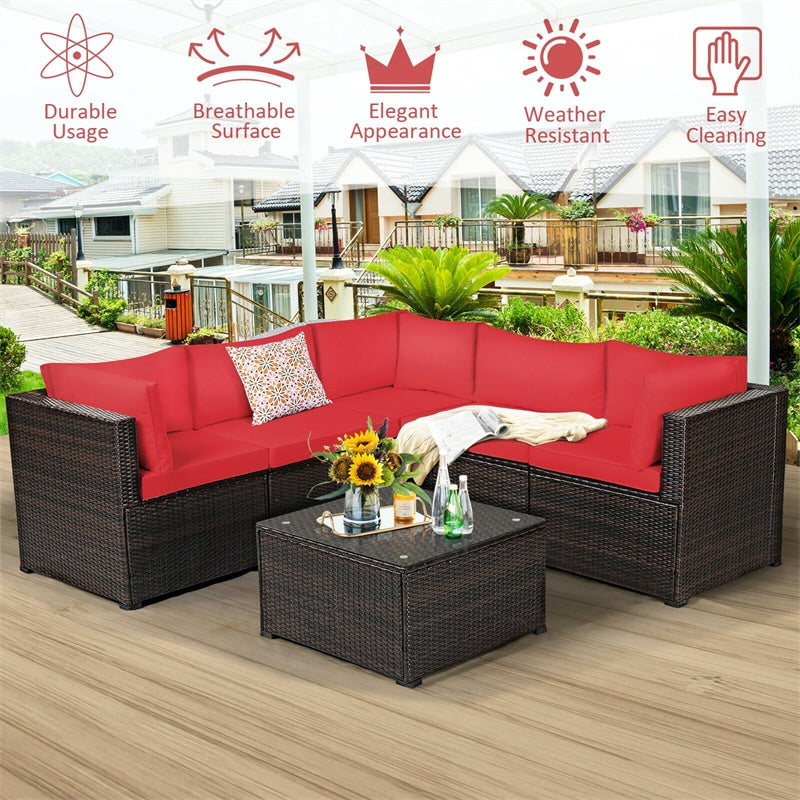 6 Piece Patio Rattan Furniture Set Sectional Sofa with Tempered Glass Coffee Table & Cushions, Outdoor Wicker Conversation Set for Backyard