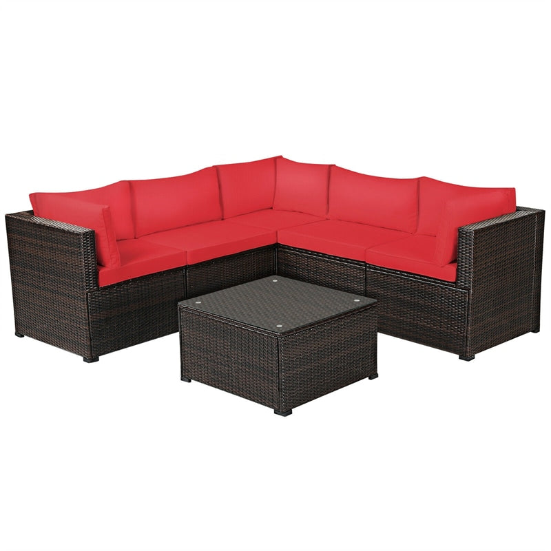 6 Piece Patio Rattan Furniture Set Sectional Sofa with Tempered Glass Coffee Table & Cushions, Outdoor Wicker Conversation Set for Backyard