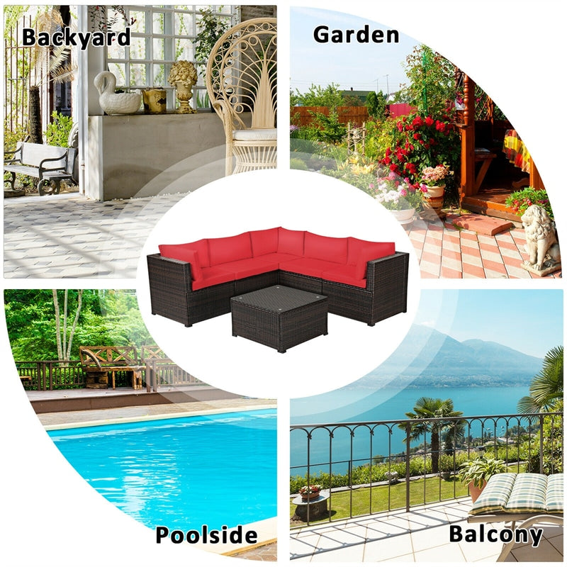 6 Piece Patio Rattan Furniture Set Sectional Sofa with Tempered Glass Coffee Table & Cushions, Outdoor Wicker Conversation Set for Backyard