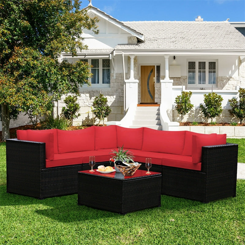 6 Piece Patio Rattan Furniture Set Sectional Sofa with Tempered Glass Coffee Table & Cushions, Outdoor Wicker Conversation Set for Backyard