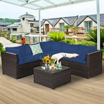 6 Piece Patio Rattan Furniture Set Sectional Sofa with Tempered Glass Coffee Table & Cushions, Outdoor Wicker Conversation Set for Backyard