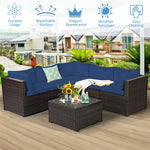 6 Piece Patio Rattan Furniture Set Sectional Sofa with Tempered Glass Coffee Table & Cushions, Outdoor Wicker Conversation Set for Backyard