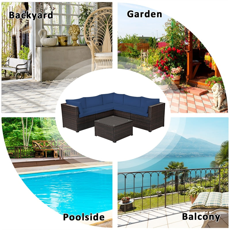 6 Piece Patio Rattan Furniture Set Sectional Sofa with Tempered Glass Coffee Table & Cushions, Outdoor Wicker Conversation Set for Backyard