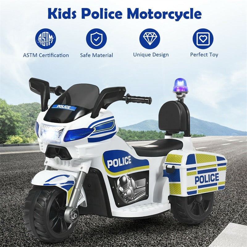 Kids Ride On Police Motorcycle 6V Battery Powered 3-Wheel Motorcycle Trike with Headlight Police Light