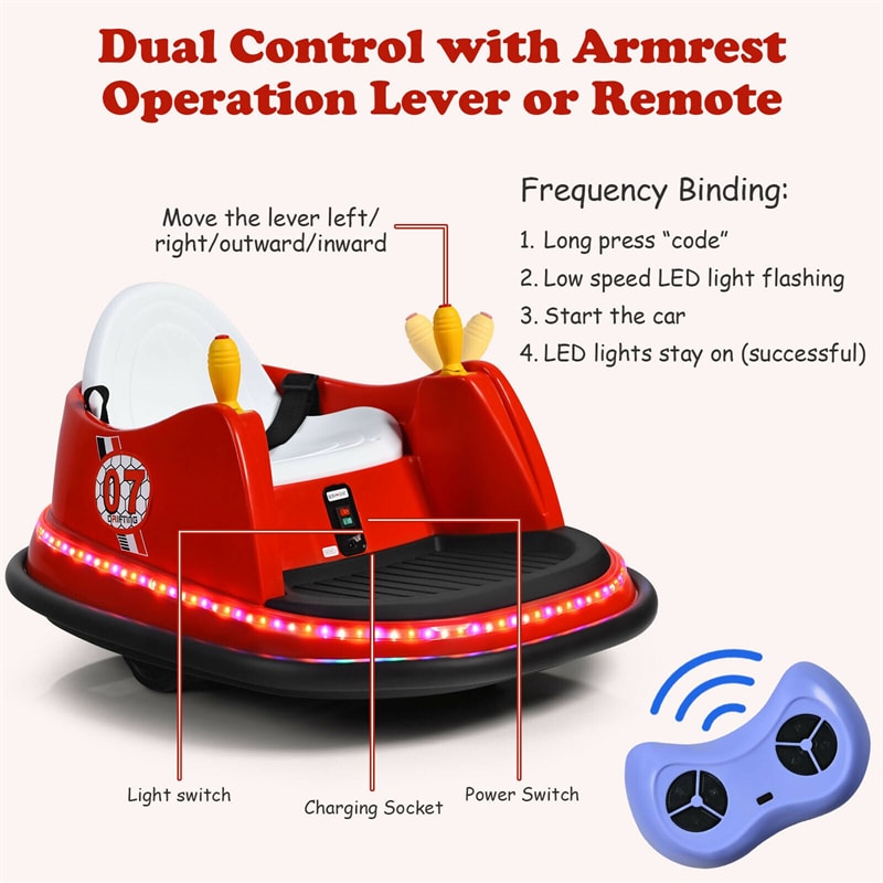 12V Electric Kids Ride On Bumper Car 360° Spin Toddler Bumper Car with Remote Control, Dual Joysticks & Flashing Lights