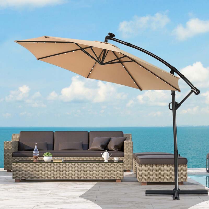 10FT Offset Patio Umbrella Solar Powered LED Outdoor Market Umbrella 360 Degree Rotation with Crank Handle & Cross Base