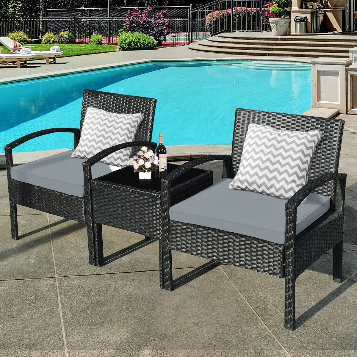 3-Piece Rattan Patio Conversation Set Wicker Bistro Furniture Set Cushioned Sofa Deck