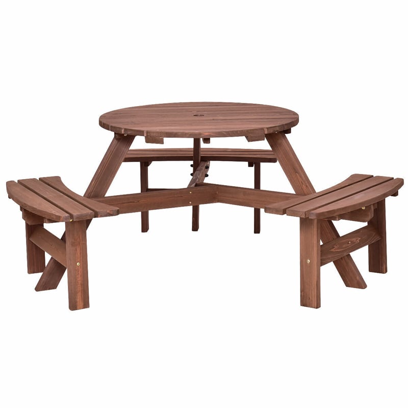 6 Person Outdoor Wood Picnic Table Backyard Garden Patio Round Table with 3 Built-in Benches & Umbrella Hole