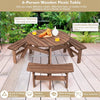 6 Person Outdoor Wood Picnic Table Backyard Garden Patio Round Table with 3 Built-in Benches & Umbrella Hole