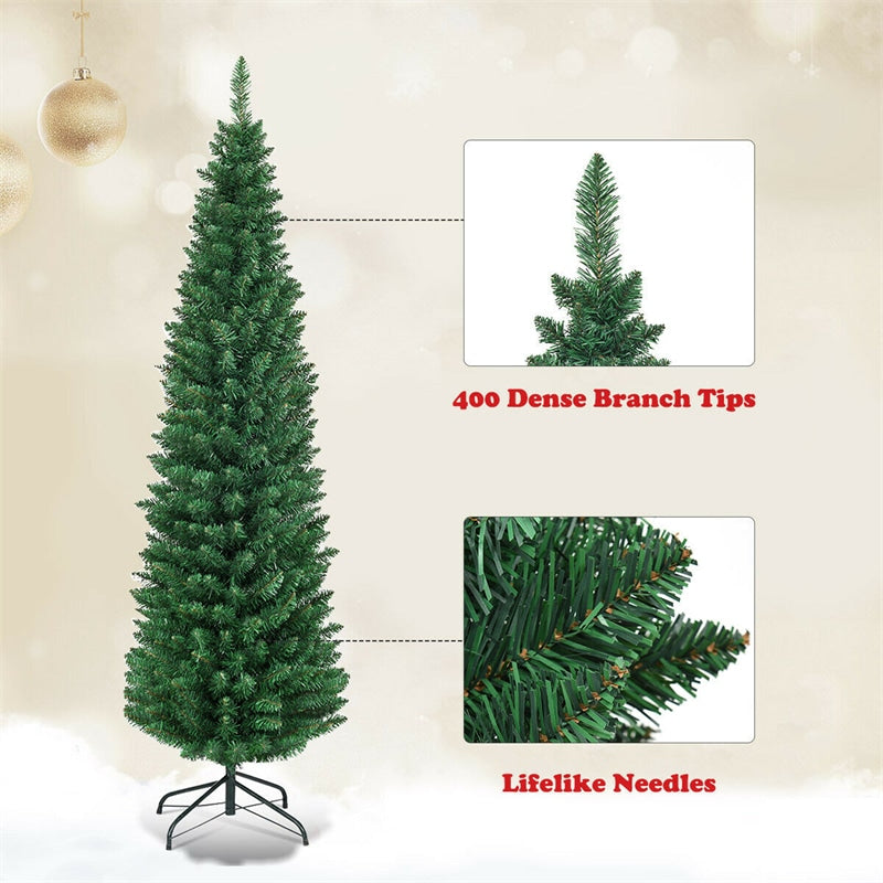 6ft Pencil Christmas Tree Slim Artificial Xmas Tree with 400 PVC Branch Tips & Foldable Metal Stand