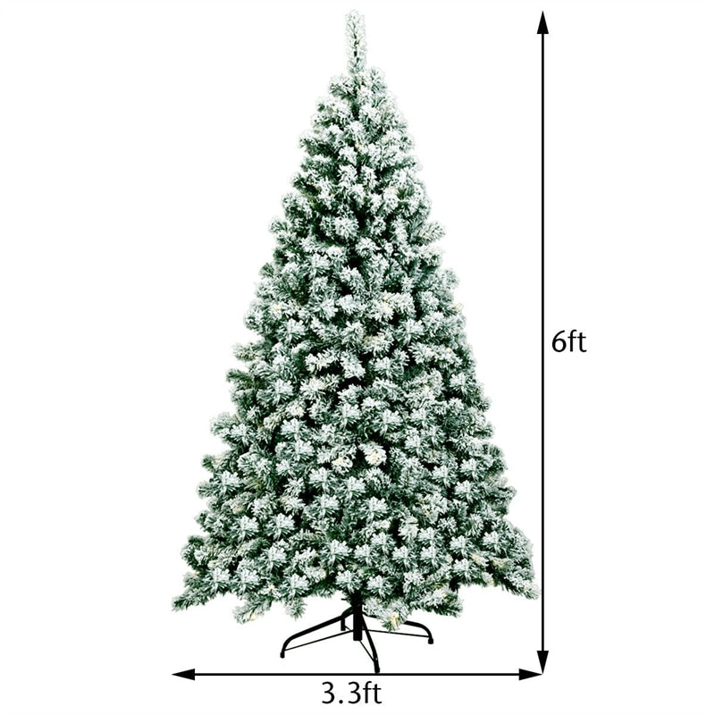 6ft Snow Flocked Christmas Tree Pre-Lit Hinged Artificial Xmas Tree with 250 Warm LED Lights, 928 Branch Tips, Folding Metal Stand for Holiday Decor