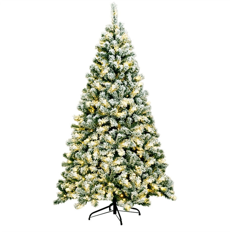 6ft Snow Flocked Christmas Tree Pre-Lit Hinged Artificial Xmas Tree with 250 Warm LED Lights, 928 Branch Tips, Folding Metal Stand for Holiday Decor