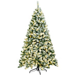 6ft Snow Flocked Christmas Tree Pre-Lit Hinged Artificial Xmas Tree with 250 Warm LED Lights, 928 Branch Tips, Folding Metal Stand for Holiday Decor