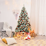 6ft Snow Flocked Christmas Tree Pre-Lit Hinged Artificial Xmas Tree with 250 Warm LED Lights, 928 Branch Tips, Folding Metal Stand for Holiday Decor