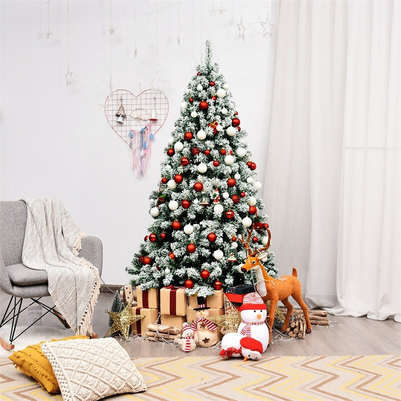 6ft Snow Flocked Christmas Tree Pre-Lit Hinged Artificial Xmas Tree with 250 Warm LED Lights, 928 Branch Tips, Folding Metal Stand for Holiday Decor