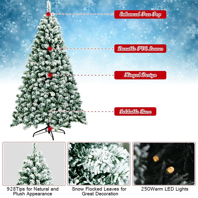 6ft Snow Flocked Christmas Tree Pre-Lit Hinged Artificial Xmas Tree with 250 Warm LED Lights, 928 Branch Tips, Folding Metal Stand for Holiday Decor