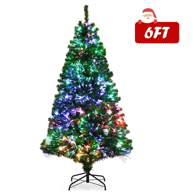 6FT Fiber Optic Artificial Christmas Tree Pre Lit Spruce Xmas Tree with 617 PVC Branch Tips & Solid Metal Stand for Indoor Holiday Decor