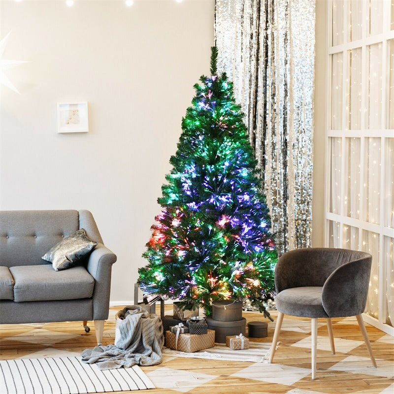 6FT Fiber Optic Artificial Christmas Tree Pre Lit Spruce Xmas Tree with 617 PVC Branch Tips & Solid Metal Stand for Indoor Holiday Decor